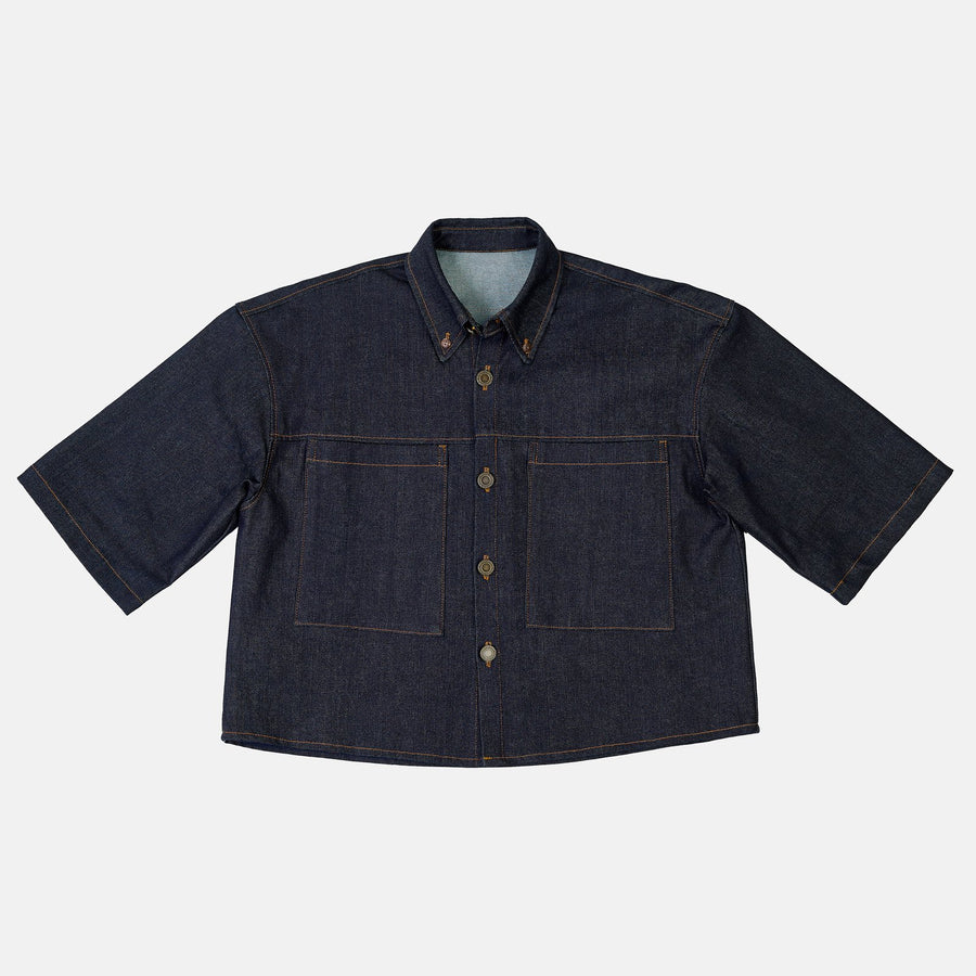 Cropped Oversized Denim Shirt in Dark Indigo, front