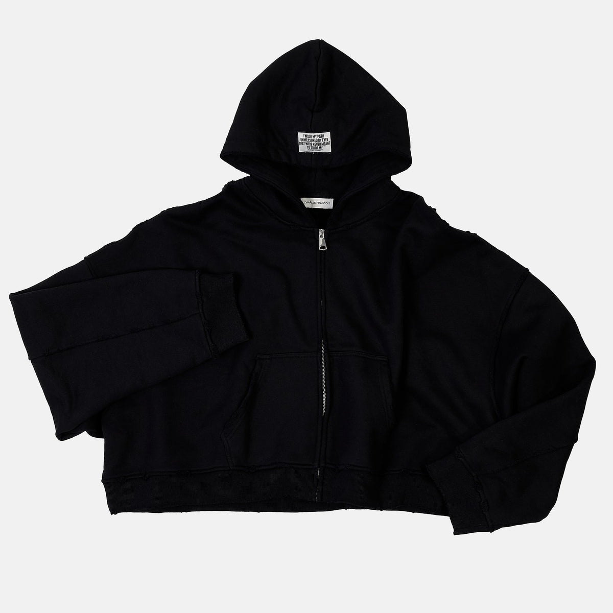 Cropped Oversized Zip-Up Hoodie in Black, detail