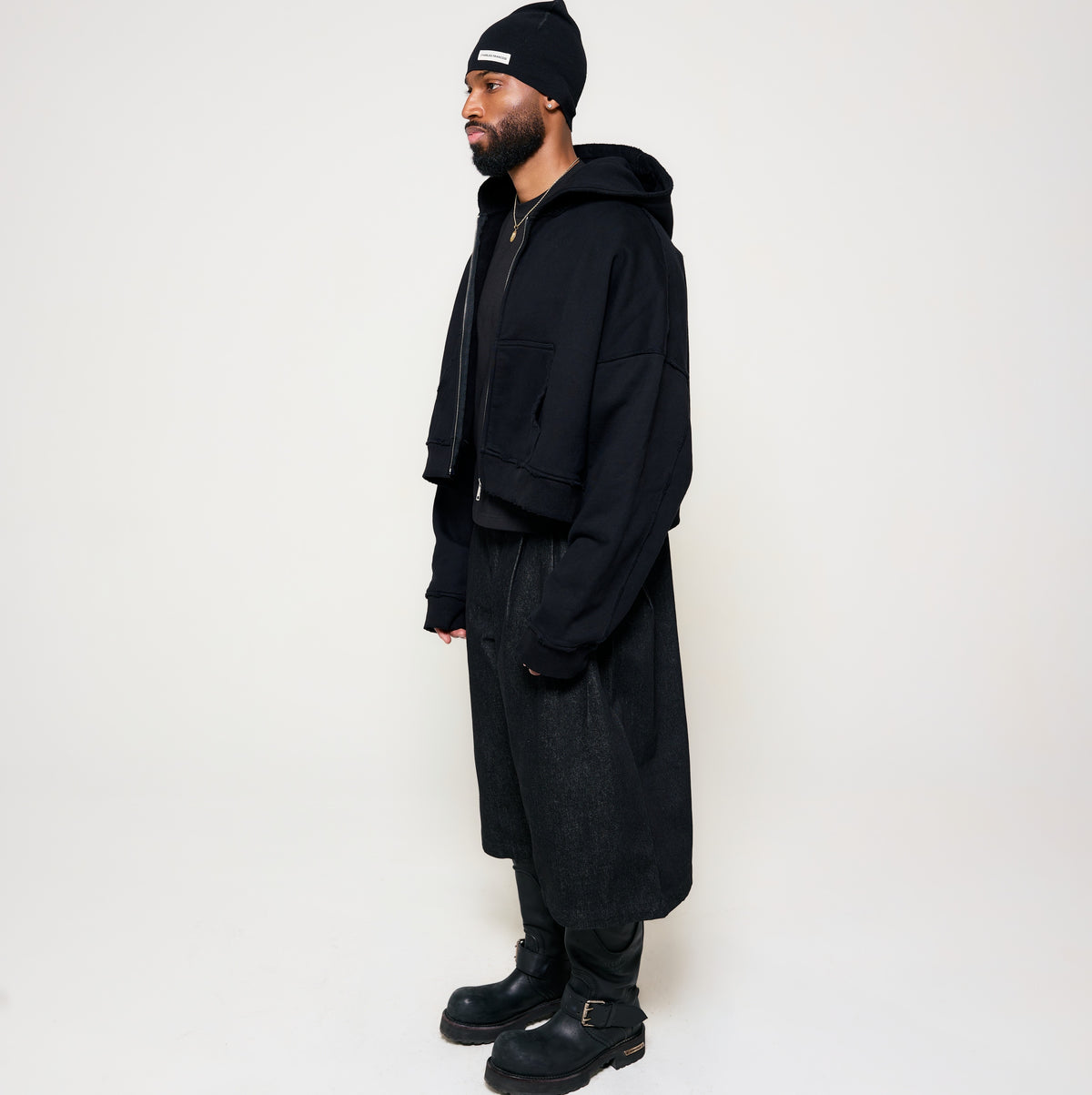 Cropped Oversized Zip-Up Hoodie - Black