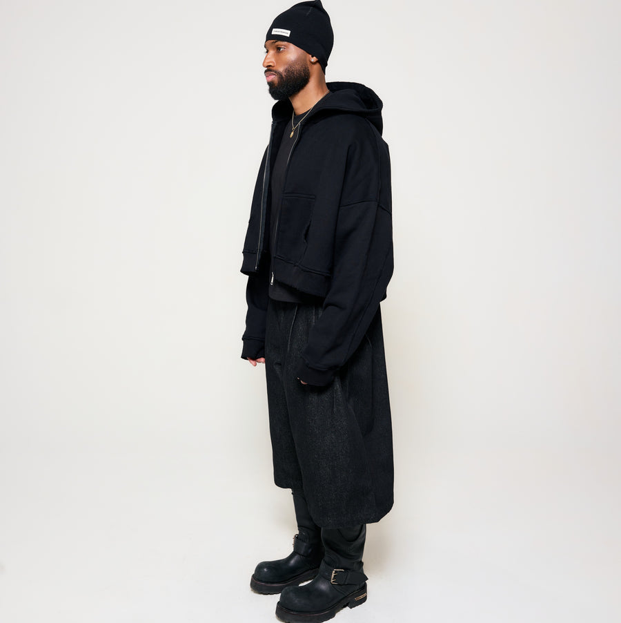 Cropped Oversized Zip-Up Hoodie - Black