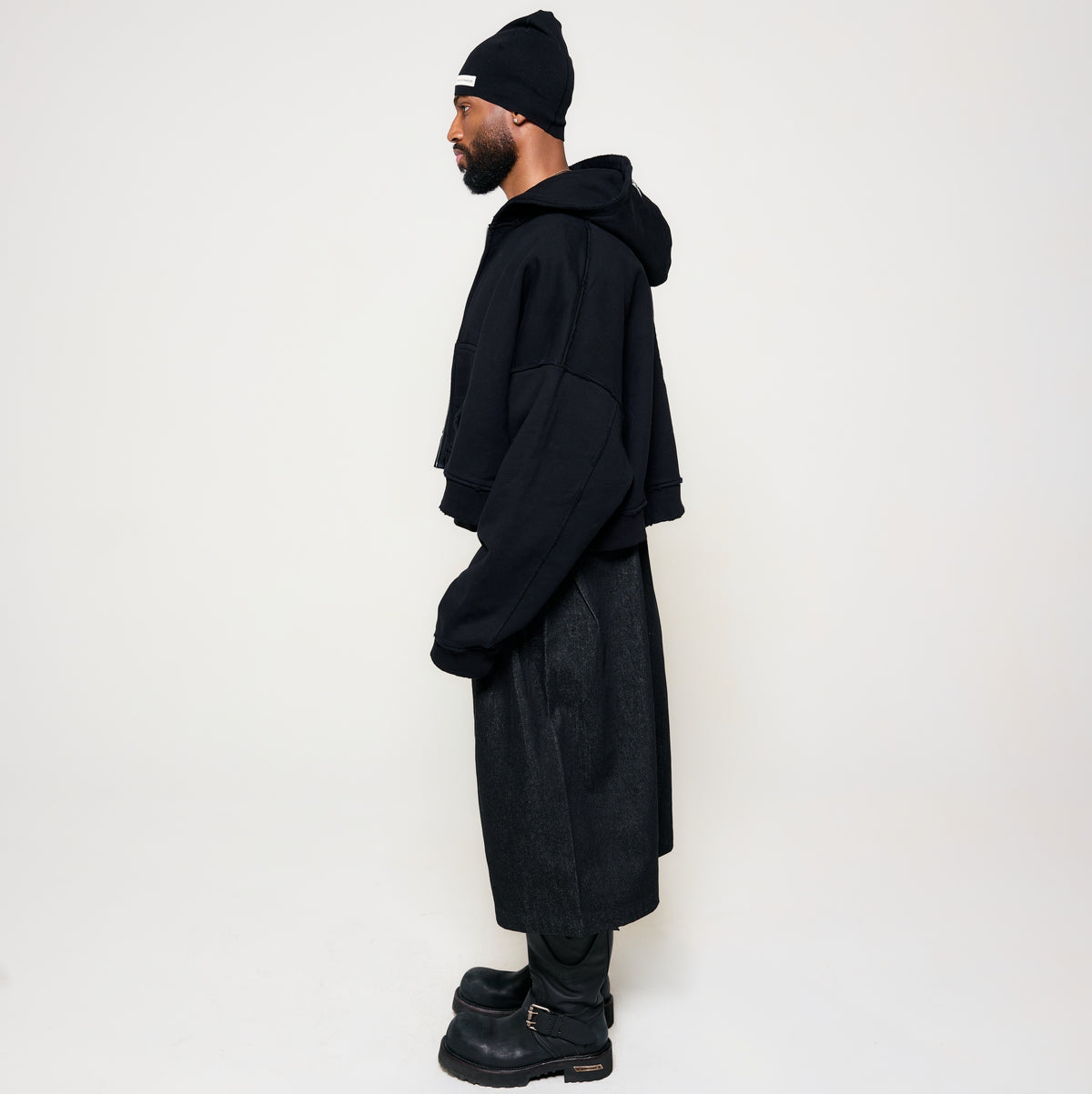 Cropped Oversized Zip-Up Hoodie - Black