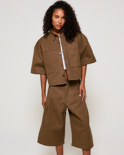 Cropped Short-Sleeve Shirt - Brown